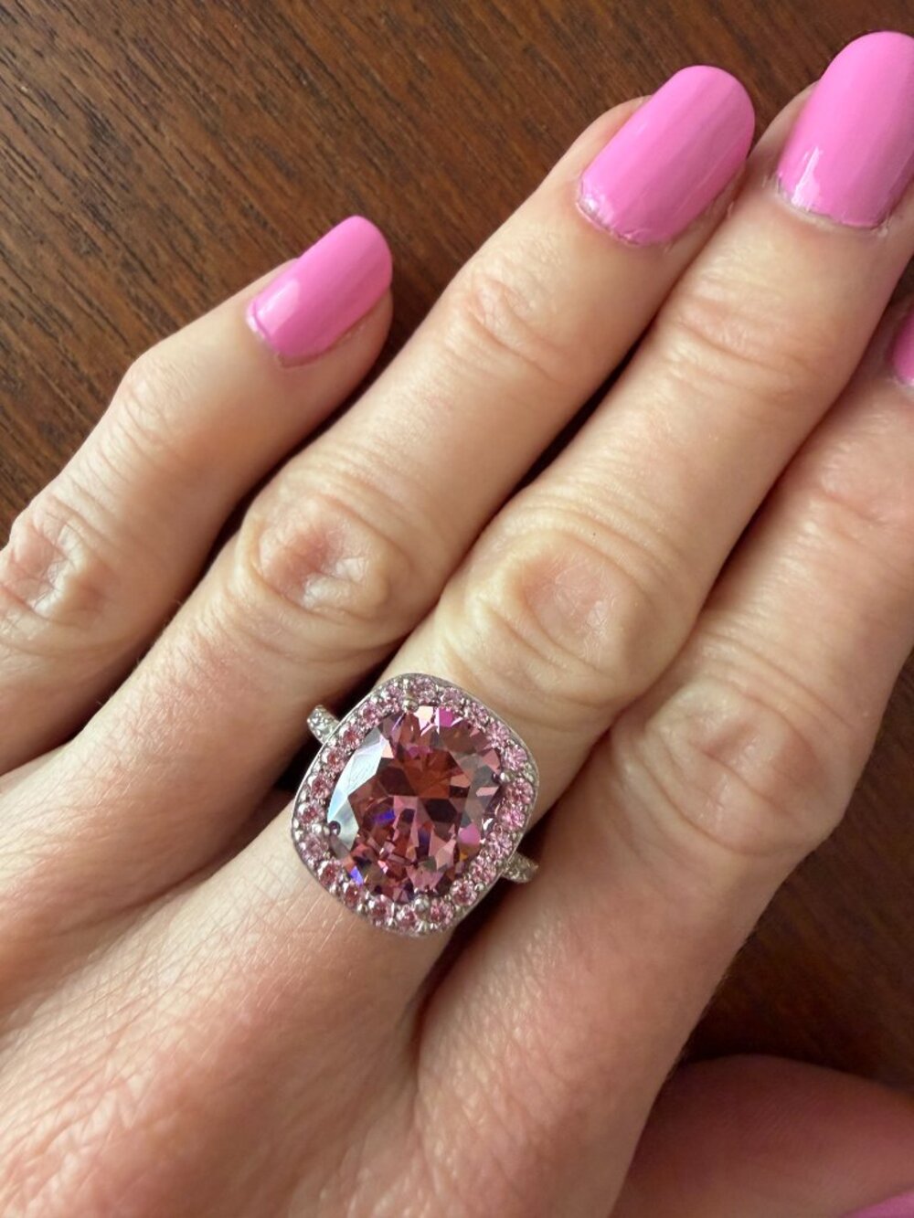 RARE Jean Dousset Sterling Simulated Pink Tourmaline Cushion Cut Halo Ring - 6
